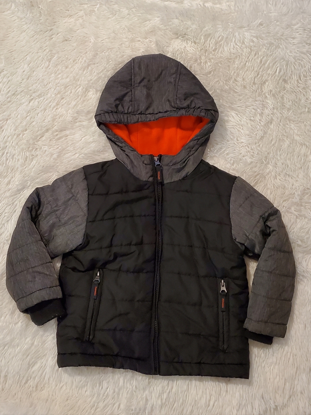 Rothschild Boys Black Puffer Jacket with Gray Sleeves and Orange Hood Lining